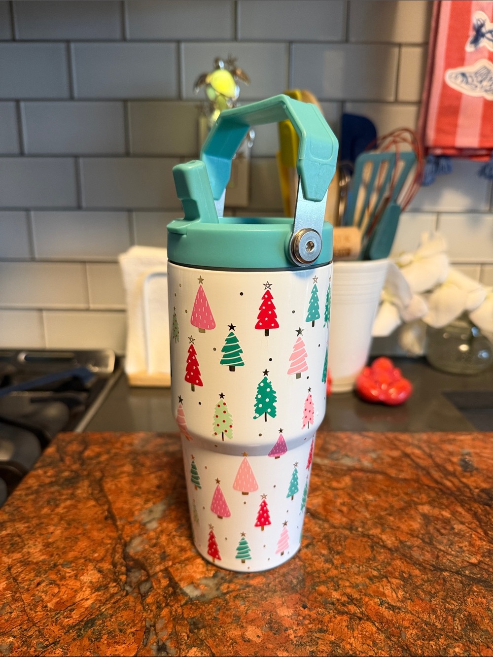 Flip-straw Holiday Tree Print Insulated Bottle - 20 oz